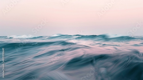 Smooth motion blur of ocean waves at twilight, conveying a sense of calm and continuity, Concept of nature and serenity 