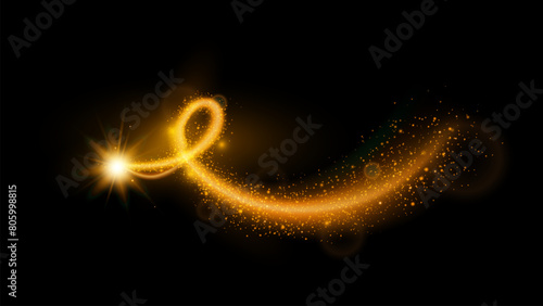 Realistic magic wand orange light swirl effects isolated on black background.