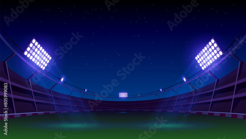 Cricket Night Stadium With Stadium Lights. Cricket Tournament Stadium Vector Background.