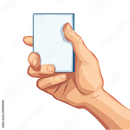 Hand holding blank card, closeup fingers gripping card, palm presenting empty space text design. Caucasian skin tone, detailed fingernails, thumb fingers holding edges realistic vector illustration