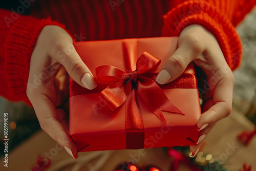 Close up on female hands opening the gift  untying the ribbon. High quality photo