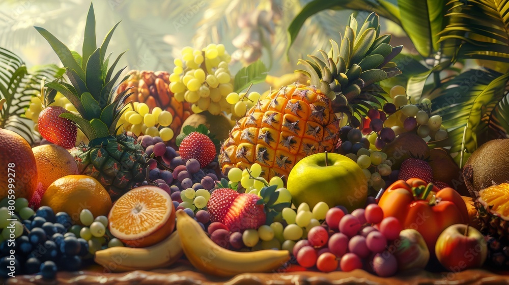 A vibrant and colorful display of various fruits, including pineapples, apples, oranges, grapes, bananas, blueberries, strawberries, kiwi, peaches, grapefruit, mangoes, black plums.