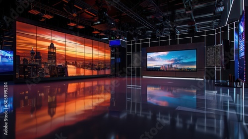 large television studio, large video monitors