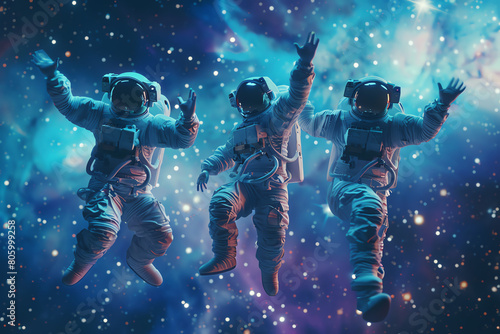 Capture the dynamic beauty of astronauts performing ballet in zero gravity using vibrant digital CG 3D techniques Showcase intricate dance forms against the cosmic backdrop with un