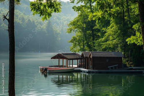  wooden dock with two small cabins on it juts out into a body of water photo