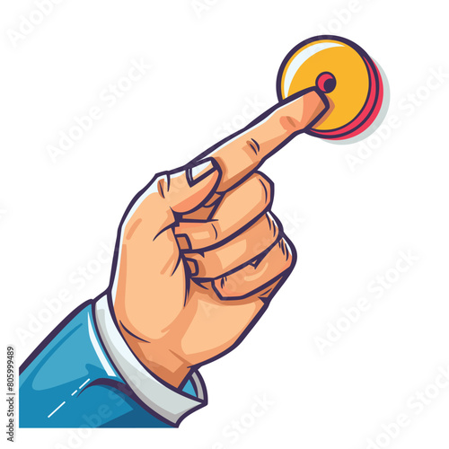 Cartoon hand ringing service bell requesting assistance. Human hand presses buzzer attention, customer service concept. Colorful vector illustration interaction bell notification