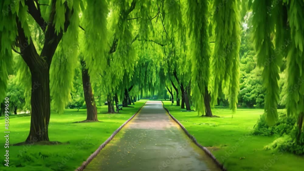 A clear pathway winding through a dense forest of towering trees, with lush green grass on either side, A pathway enveloped by weeping willow trees in a park A clear pathway winding through a dense forest of towering trees, with lush green grass on either side, A pathway enveloped by weeping willow trees in a park