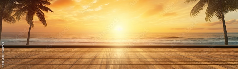 A beautiful sunset over the ocean with palm trees in the background. The sky is a orange, creating a serene and calming atmosphere. The water is calm and still