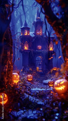 Spooky Halloween pumpkin in front of a house. Scary setting with a carved pumpkin in the forefront and a mysterious mansion amidst a dark, eerie forest It evokes a sense of fear and the supernatural © MiniMaxi