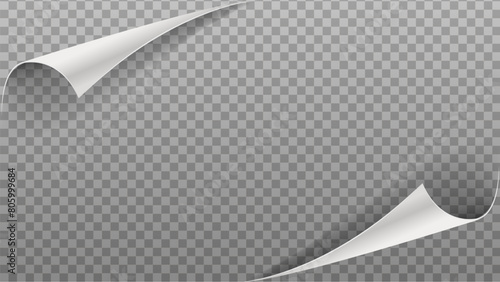 Curly paper page corners, paper sheet turn flips and curls, sticker fold edges vector with transparent background.