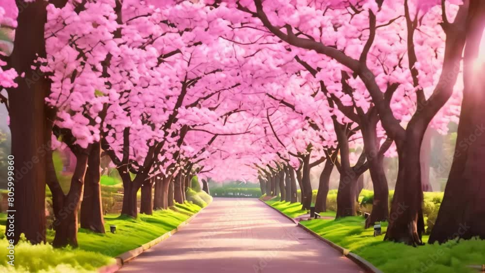 A road stretches through a landscape adorned with pink flowers and trees, creating a picturesque and colorful scene, A peaceful alley of cherry blossom trees in a lush green park A road stretches through a landscape adorned with pink flowers and trees, creating a picturesque and colorful scene, A peaceful alley of cherry blossom trees in a lush green park