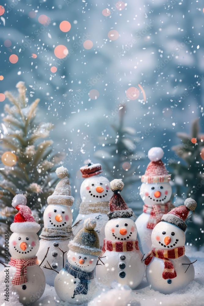  snowmen standing in winter Christmas landscape