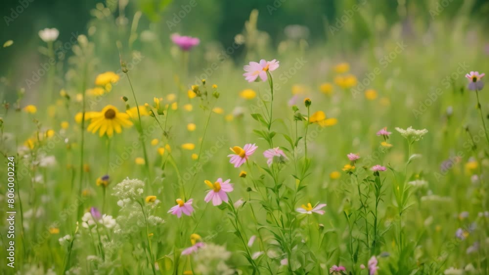This photo captures a vibrant field filled with wildflowers in full bloom, showcasing a variety of different types of flowers, A peaceful meadow filled with wildflowers This photo captures a vibrant field filled with wildflowers in full bloom, showcasing a variety of different types of flowers, A peaceful meadow filled with wildflowers