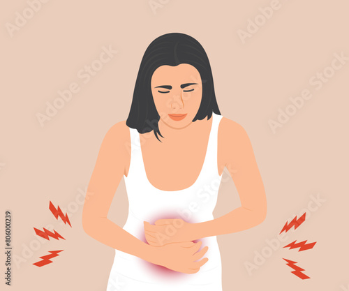 Young woman is suffering from abdominal pain due to gastritis or menstrual cramps.Vector illustration.