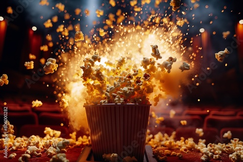 Popcorn bucket explodes in movie theater, smoke effect.