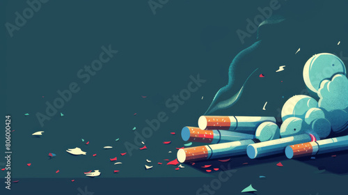 An intriguing digital art piece showing a cluster of cigarettes amidst floating smoke and colorful confetti, suggesting a celebration or critique of smoking. photo