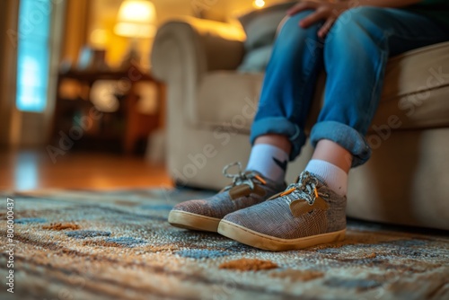 A boy sits on the sofa in the living room and has knee pain due to an injury.