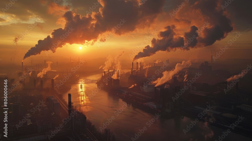 Fototapeta premium industry metallurgical plant dawn smoke smog emissions bad ecology aerial photography.Greenhouse gas emissions. Pollution of factories. Dirty air over the city. Negative impact on human health,polluti