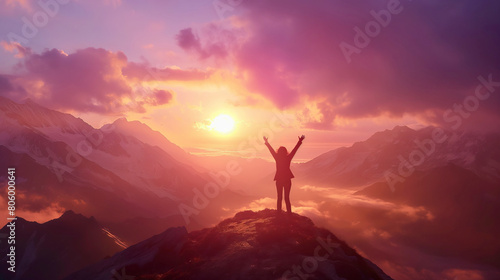 Silhouette of a person with arms raised on a mountain summit  against a stunning sunset sky  evoking a sense of accomplishment. 