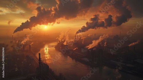industry metallurgical plant dawn smoke smog emissions bad ecology aerial photography.Greenhouse gas emissions. Pollution of factories. Dirty air over the city. Negative impact on human health,polluti photo