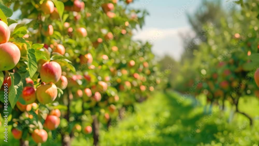 A line of ripe peaches hangs from a tree in a serene orchard, ready to be picked, A picture-perfect orchard brimming with ripe and juicy fruit under a clear sky A line of ripe peaches hangs from a tree in a serene orchard, ready to be picked, A picture-perfect orchard brimming with ripe and juicy fruit under a clear sky