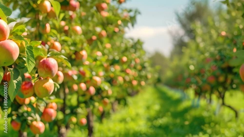 A line of ripe peaches hangs from a tree in a serene orchard, ready to be picked, A picture-perfect orchard brimming with ripe and juicy fruit under a clear sky photo