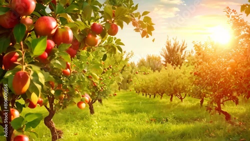 A vibrant field filled with an abundance of ripe, red apples ready for picking, A picture-perfect orchard brimming with ripe and juicy fruit under a clear sky photo