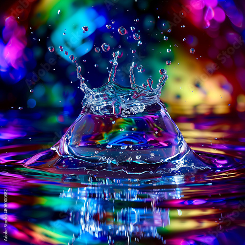 A spectacular crown splash of clear liquid against a backdrop of colorful bokeh lights, showcasing motion and color interplay. 