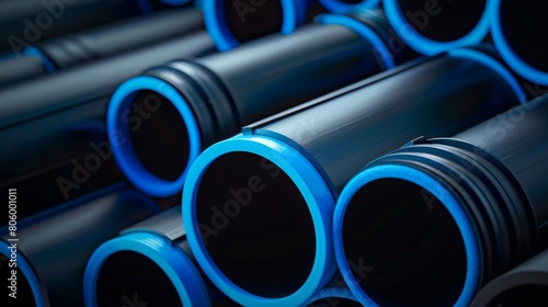 PE pipe plant, Industrial PE pipes with blue line for gas and water. HDPE pipe, Polyethylene PE100 pipe. Polyethylene pipe plant