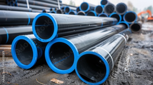 PE pipe plant, Industrial PE pipes with blue line for gas and water. HDPE pipe, Polyethylene PE100 pipe. Polyethylene pipe plant photo