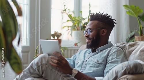 Relaxed smiling african american man holding digital tablet computer using apps sitting on couch at home. Black guy remote learning, social distance working, ordering buying online or reading e book. photo