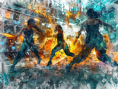 Capture the essence of a post-apocalyptic world through a watercolor painting featuring dancers in ragged cyberpunk outfits