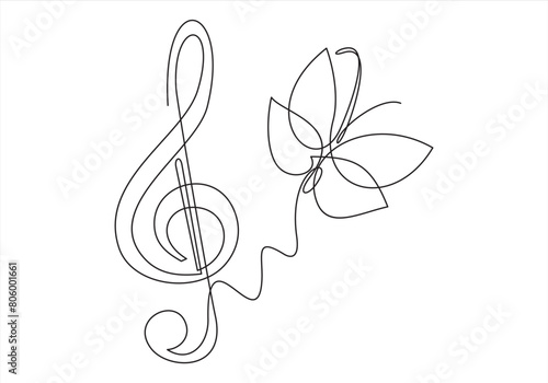 butterflies and a musical treble clef.Continuous line drawing