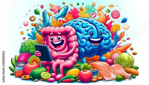 Illustration depicting the gut-brain axis, highlighting the influence of a balanced microbiome on mental health, mood regulation, and potential links to psychological disorders. photo