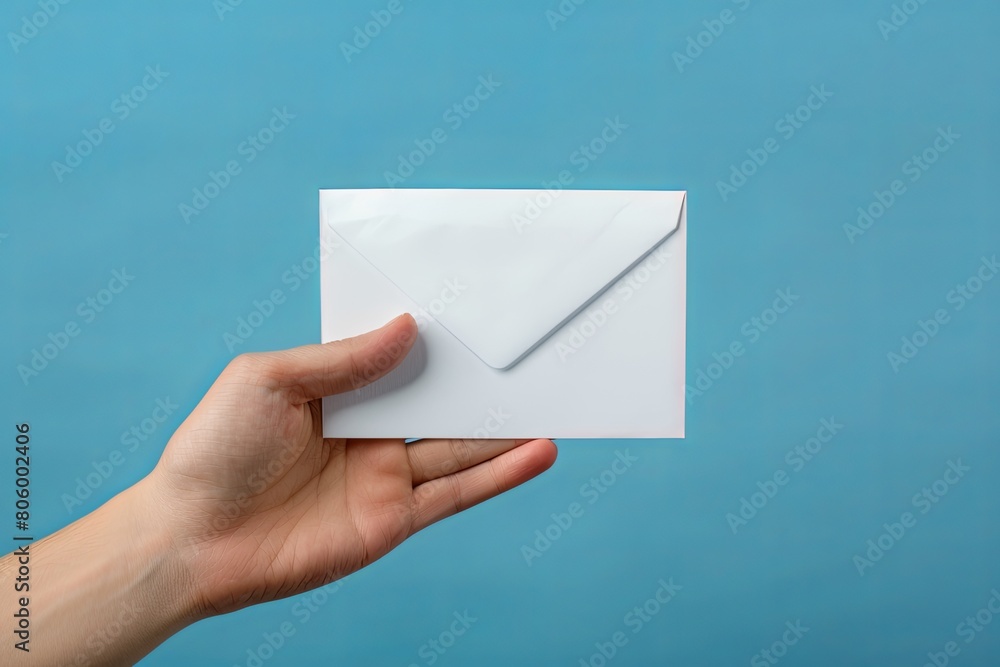 Fototapeta premium a hand holding a letter on a blue background