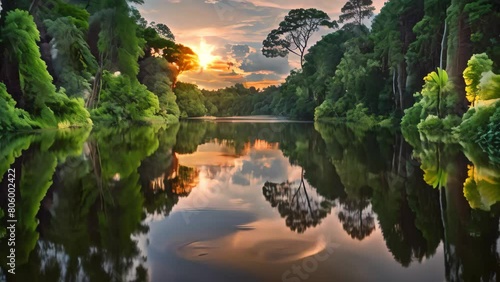 A clear body of water reflects the lush green trees that encircle it, creating a serene and natural scene, A rainforest river reflecting the sky at dusk photo