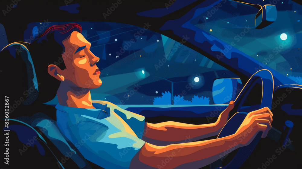 Graphic illustration of a contemplative man driving at night, the city lights casting reflections on the car interior and his face.