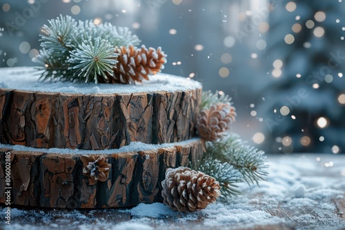 christmas podium in winter with fir branches and snow background