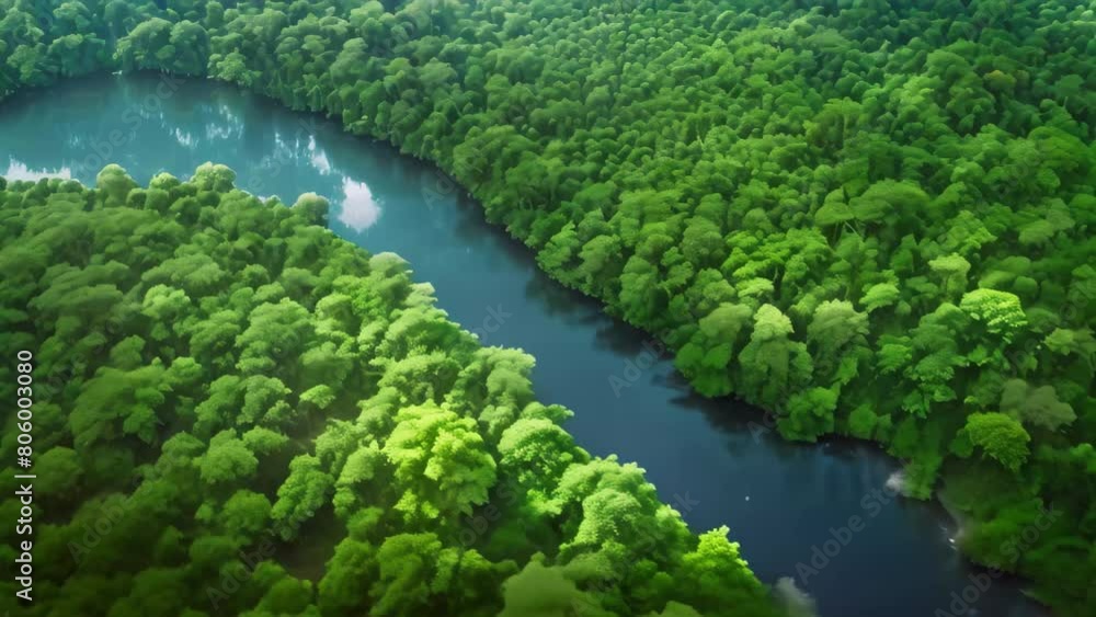 A meandering river winds its way through a dense green forest, creating a stunning natural landscape, A river surrounded by vibrant green rainforest A meandering river winds its way through a dense green forest, creating a stunning natural landscape, A river surrounded by vibrant green rainforest