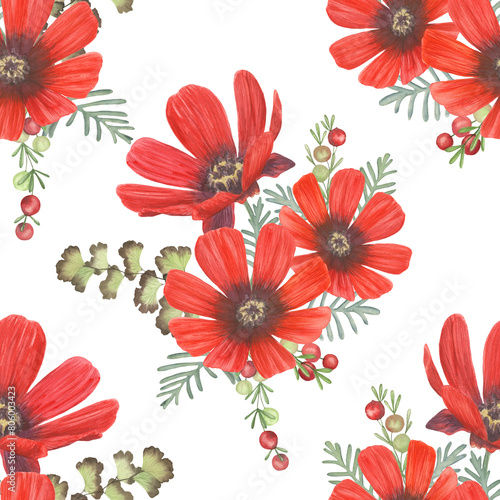 Red Adonis flowers, Asparagus fern berries bouquet watercolor seamless pattern isolated on white. Spring blooming garden. Romantic floral arrangement botanical illustration