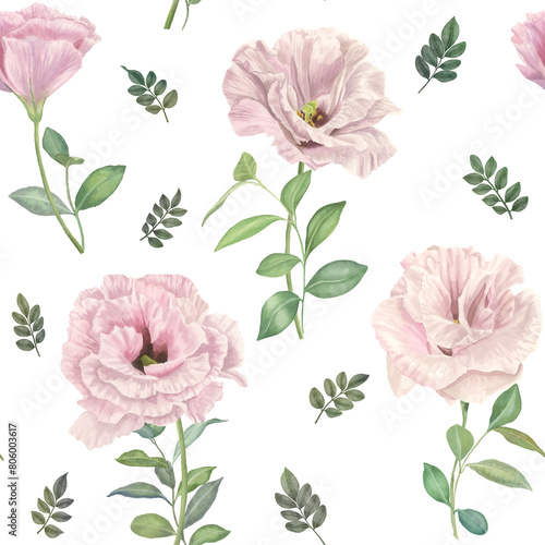 Lisianthus flowers green branch bouquets seamless watercolor pattern isolated on white Pink Love Rose romantic background  Eustoma botanical illustration