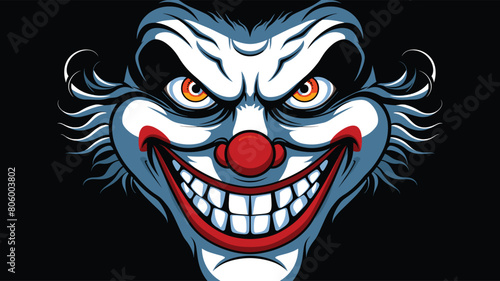 Creepy clown face sinister scary horror themed graphic. Evil jester head comic art style black background. Malevolent circus performer menacing grin exaggerated facial features vibrant colors