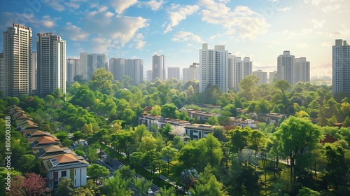 Aerial view of a sustainable green cityscape showcasing lush urban jungle areas, parks, and gardens interspersed among residential houses, promoting eco-friendly living and biodiversity.