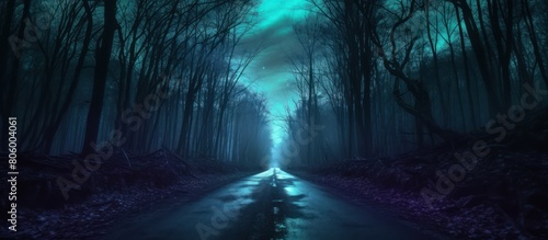 Mysterious dead forest road at night. Halloween concept