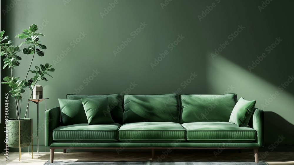Luxury living room wall mockup with green sofa and decor on dark green background Luxury living room wall mockup with green sofa and decor on dark green background