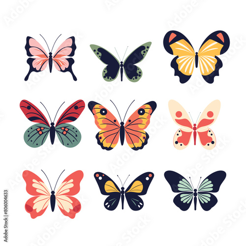 Collection colorful butterflies vector illustration. Various butterfly designs isolated white background. Assorted lepidoptera art  nature icons  graphic elements