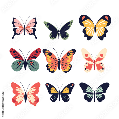 Collection colorful butterflies vector illustration. Various butterfly designs isolated white background. Assorted lepidoptera art, nature icons, graphic elements