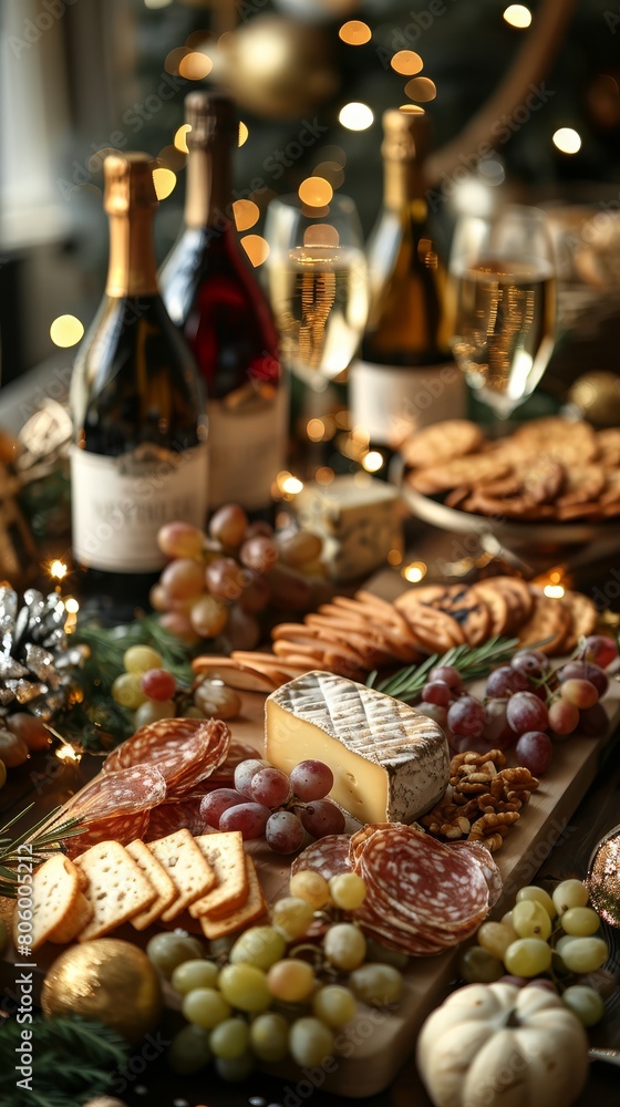 An assortment of cured meats, cheeses, fruits, and crackers is arranged on a wooden board. There are also several bottles of wine. An assortment of cured meats, cheeses, fruits, and crackers is arranged on a wooden board. There are also several bottles of wine.
