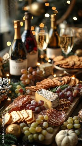 An assortment of cured meats, cheeses, fruits, and crackers is arranged on a wooden board. There are also several bottles of wine.