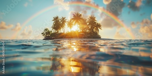 As the sun rises over an idyllic island paradise, palm trees sway against a colorful sky, casting a tranquil scene.